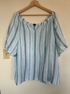 TALBOTS 3X  Top 100% Linen Popover Short Sleeve Blue Striped Coastal Beach